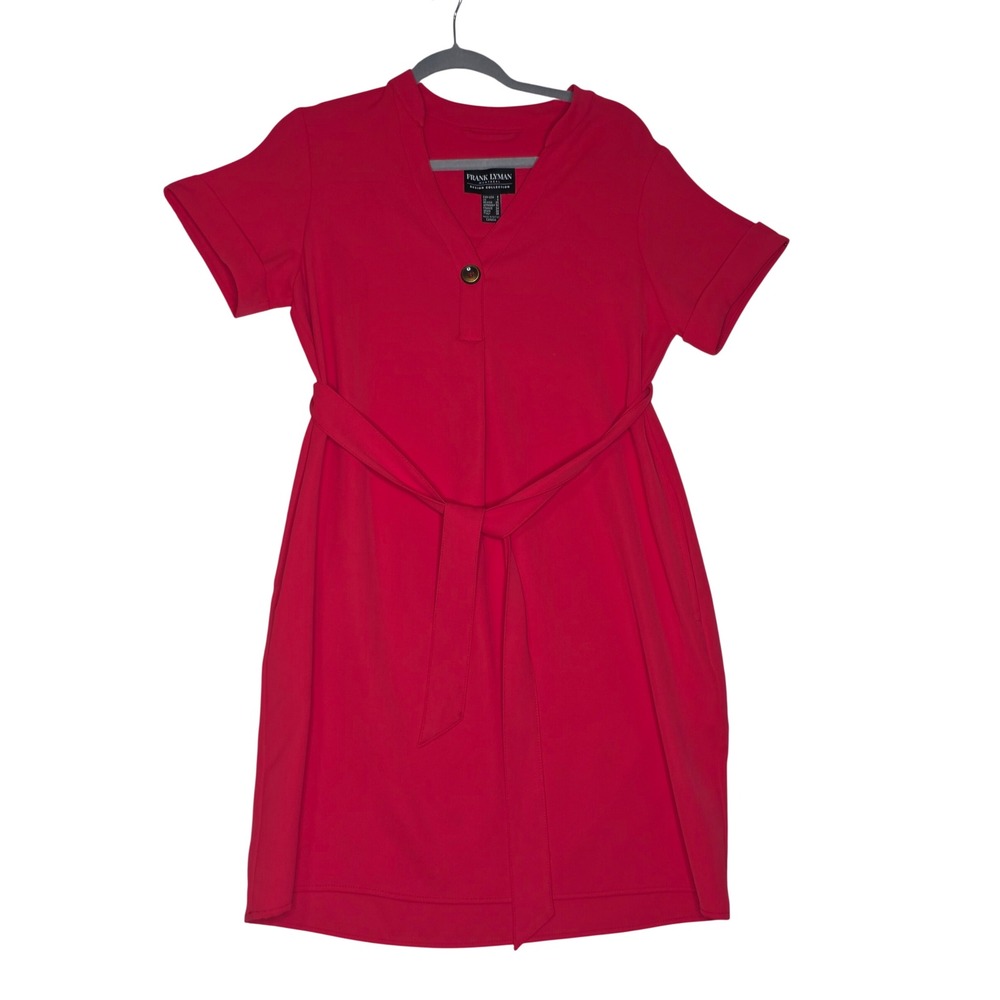 Frank Lyman Montreal Red Pink V-Neck Belted Sheath Dress Pockets Size 4 226389